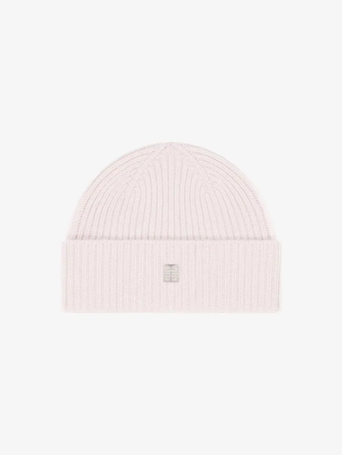 Givenchy Ribbed Beanie In Wool And Cashmere Powder Women Beanies and Caps