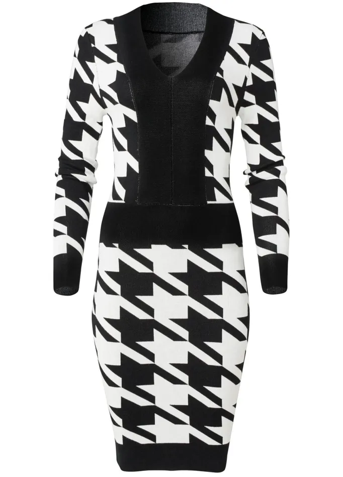 HOUNDSTOOTH SWEATER DRESS Black and White Women VENUS Sweater Dresses