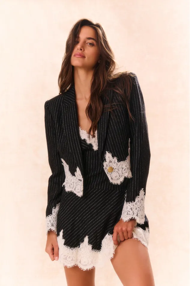 Jackets and Coats Women LoveShackFancy Icarus Pinstriped LaceDetailed Jacket Night Shadow Jackets and Coats Women LoveShackFancy Icarus Pinstriped LaceDetailed Jacket Night Shadow