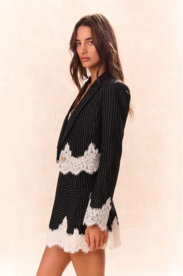 Jackets and Coats Women LoveShackFancy Icarus Pinstriped LaceDetailed Jacket Night Shadow