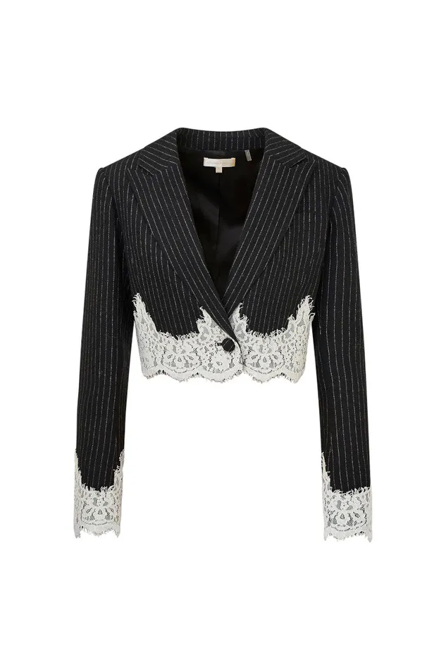 Jackets and Coats Women LoveShackFancy Icarus Pinstriped LaceDetailed Jacket Night Shadow