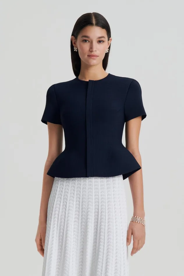 Jackets Women Scanlan Theodore CREPE KNIT SHORT SLEEVE PEPLUM JACKET Navy Jackets Women Scanlan Theodore CREPE KNIT SHORT SLEEVE PEPLUM JACKET Navy