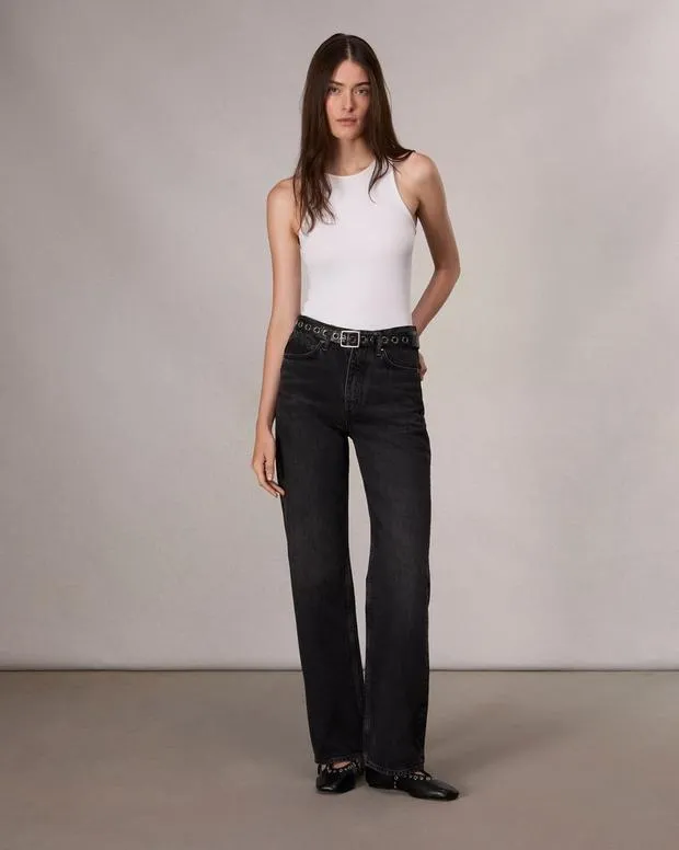 Jeans Women Rag and Bone Shea Relaxed Straight Jean Lightweight Rigid Denim Black Stone