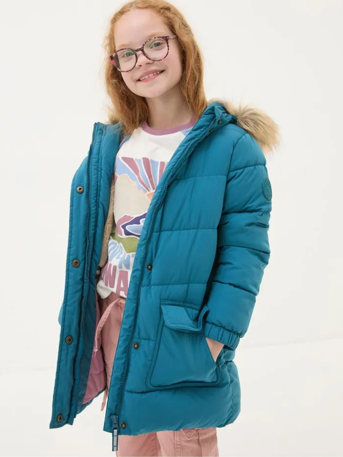 Kids Coats and Jackets Fat Face Lily Dark Teal Blue Waterproof Longline Padded Coat