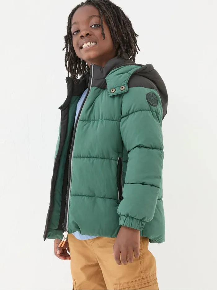 Kids Coats and Jackets Fat Face Milo Green Hooded Padded Jacket