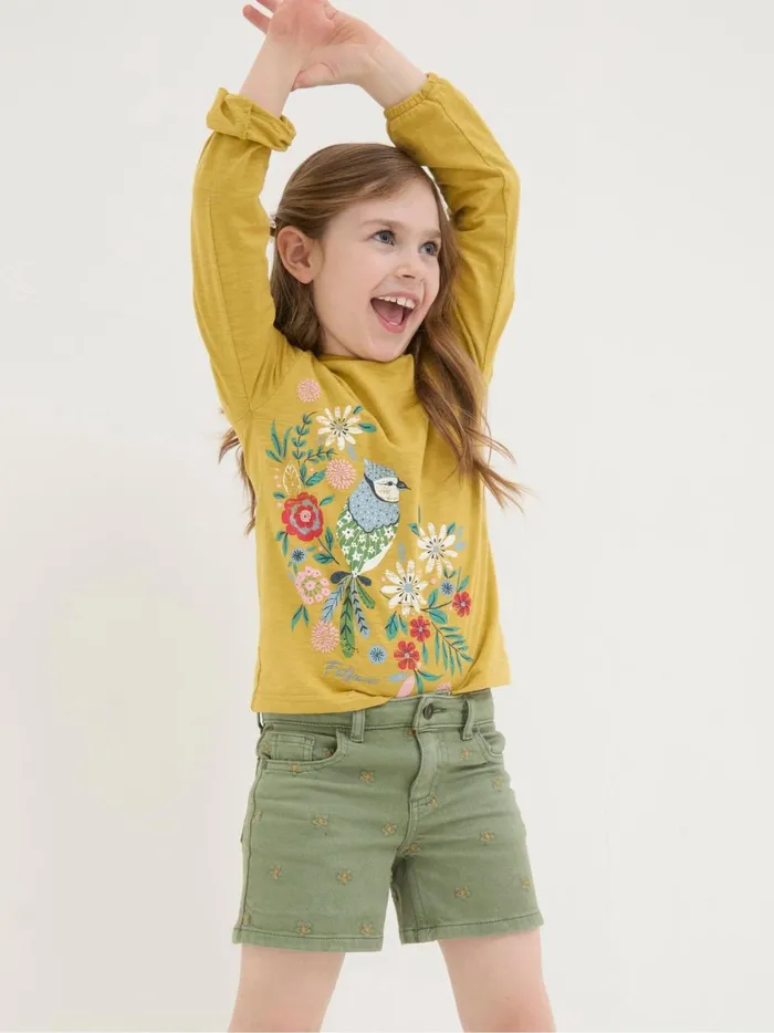 Kids Shorts Fat Face Daisy Green Embroidered Denim Shorts