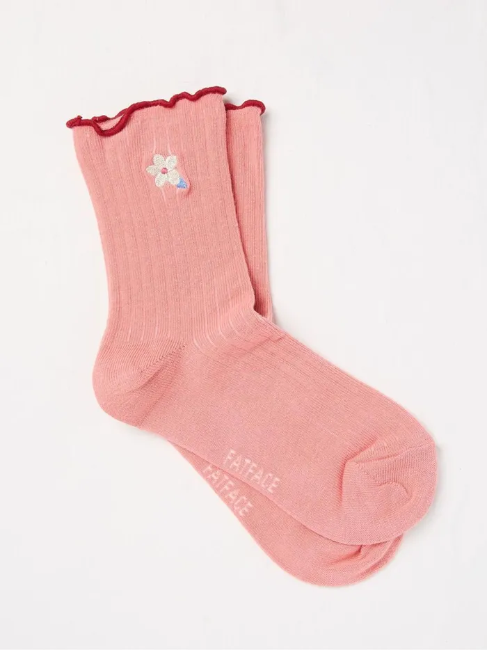 Kids Socks Fat Face Coral Pink Flower Rib Socks 1 Pack
