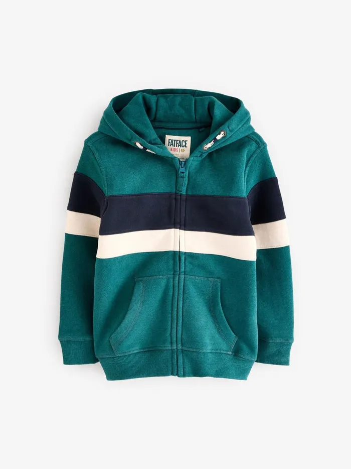 Kids Sweatshirts and Hoodies Fat Face Green Colourblock Zip Through Hoodie