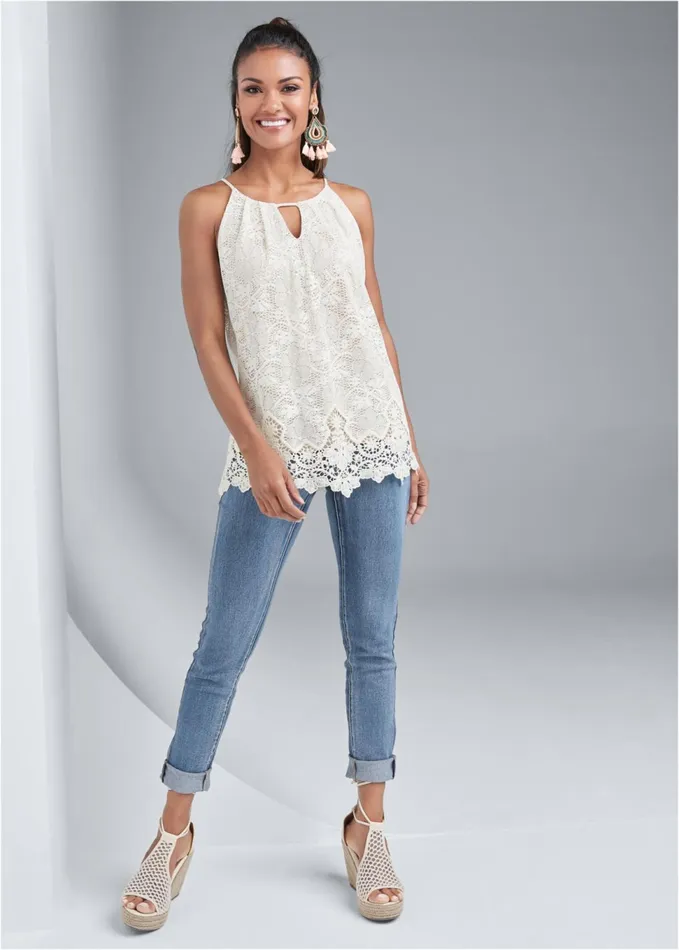 LACE SLEEVELESS TOP Cream Multi Women VENUS Night Out Tops