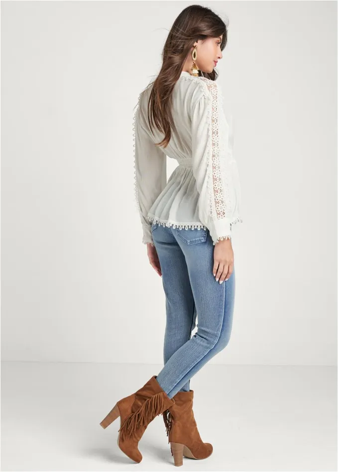 LACE SMOCKED WAIST BLOUSE White Women VENUS Night Out Tops