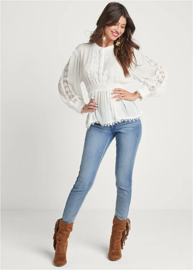 LACE SMOCKED WAIST BLOUSE White Women VENUS Night Out Tops