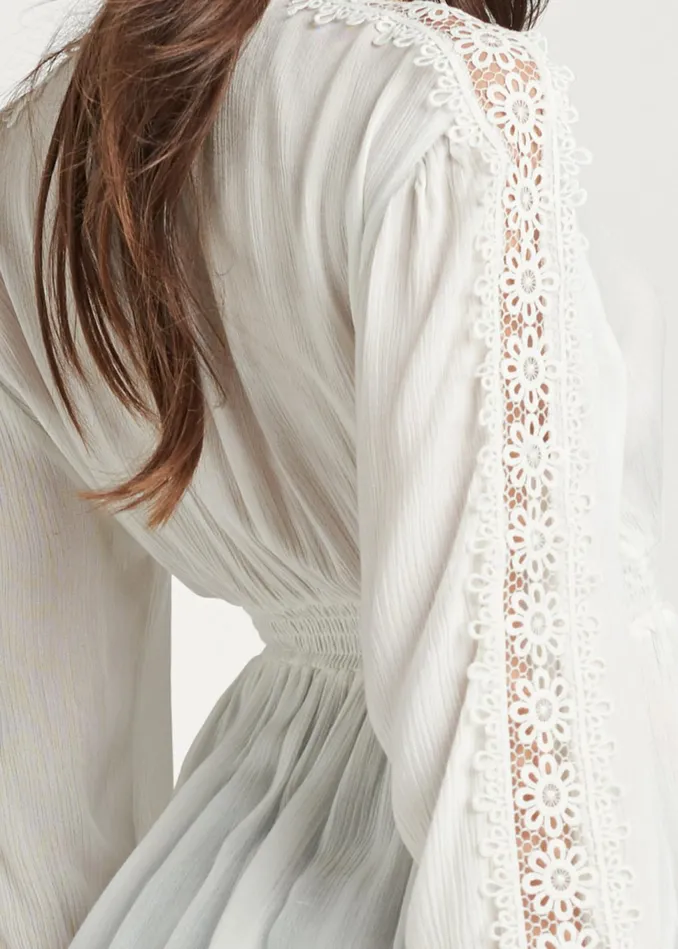 LACE SMOCKED WAIST BLOUSE White Women VENUS Night Out Tops