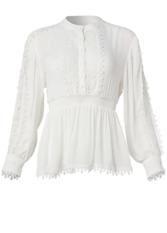 LACE SMOCKED WAIST BLOUSE White Women VENUS Night Out Tops