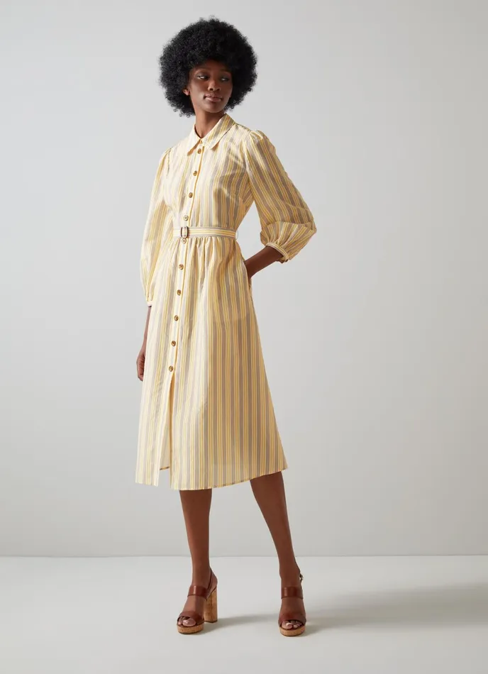 LK Bennett Aarons Cream And Yellow Stripe CottonSilk Shirt Dress Women Dresses