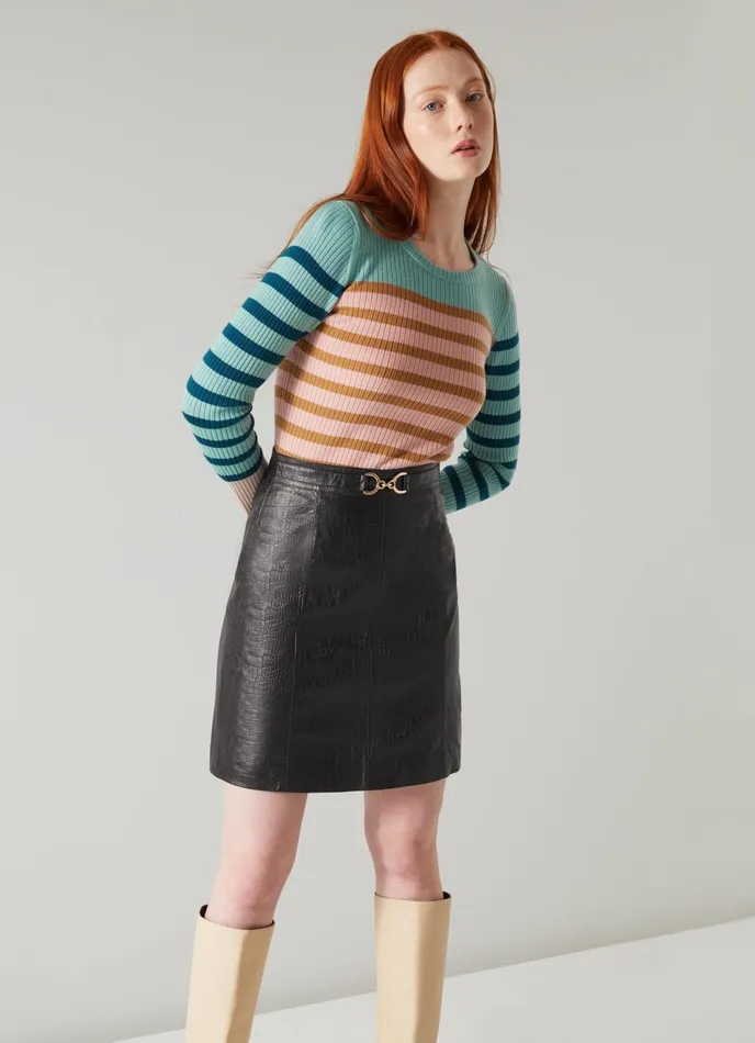 LK Bennett Aubree Black CrocEmbossed Leather ALine Skirt Women Skirts