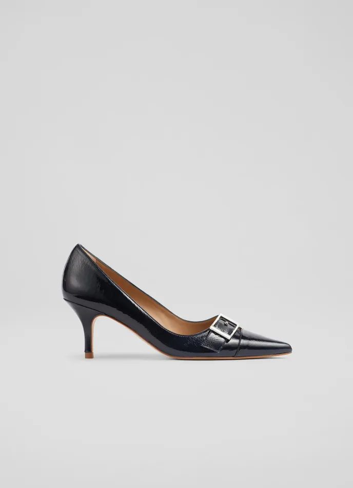 LK Bennett Billie Navy Crinkle Patent BuckleDetail Courts Women Court Shoes