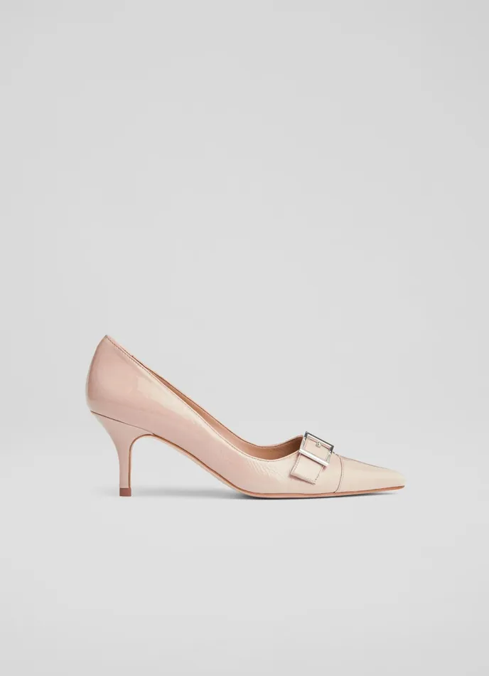 LK Bennett Billie Navy Crinkle Patent BuckleDetail Courts Women Court Shoes