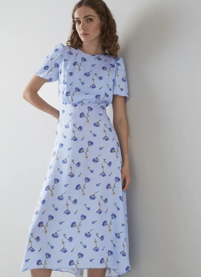 LK Bennett Boyd Blue Cornflower Print Silk Midi Dress Women Dresses