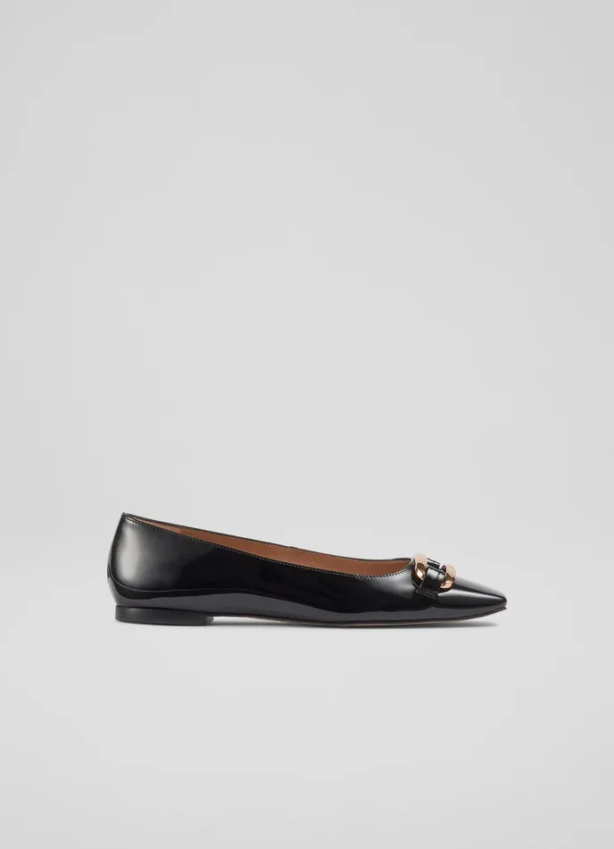 LK Bennett Cayden Black Patent Leather Gold Bar Flats Women Flats