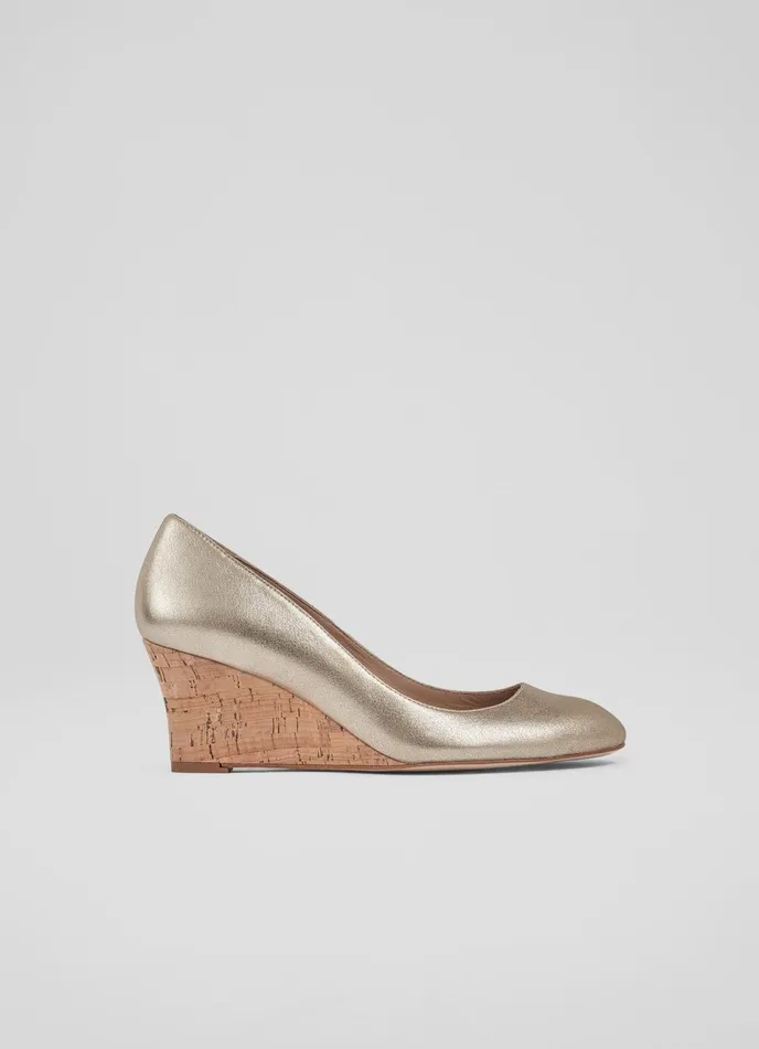 LK Bennett Eevi Gold Suede Cork Wedges Women Court Shoes