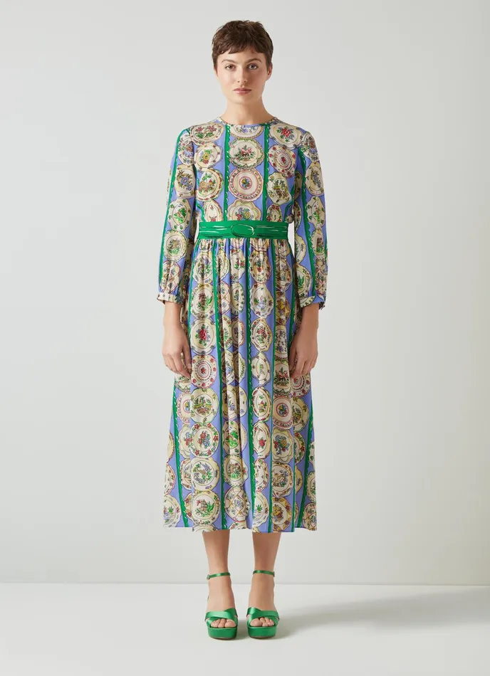 LK Bennett Erica Plate Print Silk Dress Women Dresses