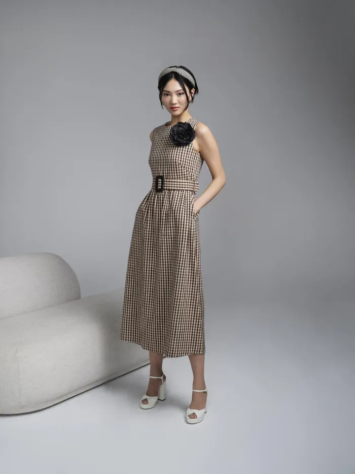 LK Bennett Rae Brown And Cream Gingham Fit And Flare Dress Women Dresses