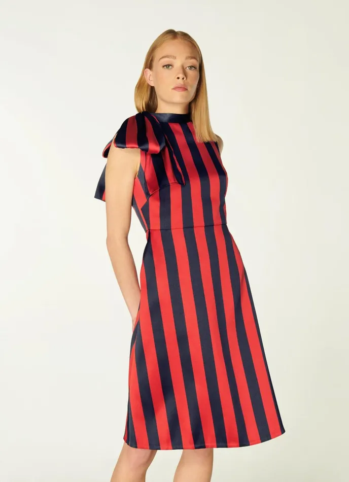 LK Bennett Tiggy Navy And Red Stripe Bow Neck Dress Women Dresses