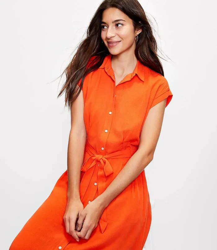 LOFT Belted Pocket Midi Shirtdress Orange Spritz Women Party Dresses