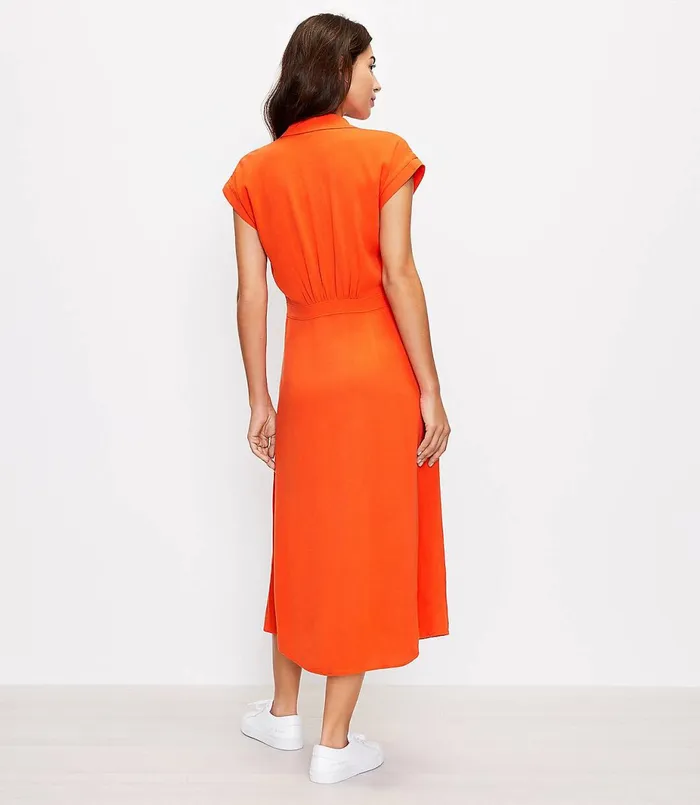 LOFT Belted Pocket Midi Shirtdress Orange Spritz Women Party Dresses