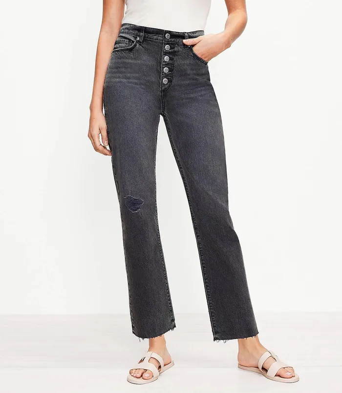LOFT Button Front Fresh Cut High Rise Straight Crop Jeans In Washed Black Wash Washed Black Wash Women Jeans LOFT Button Front Fresh Cut High Rise Straight Crop Jeans In Washed Black Wash Washed Black Wash Women Jeans