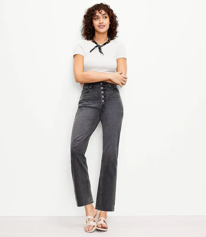 LOFT Button Front Fresh Cut High Rise Straight Crop Jeans In Washed Black Wash Washed Black Wash Women Jeans