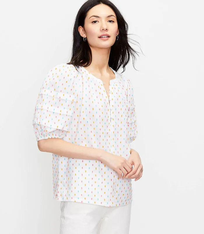 LOFT Clip Pintucked Puff Sleeve Top White Women Tops