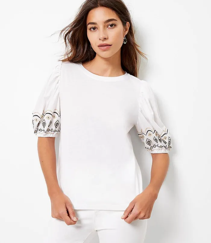 LOFT Embroidered Balloon Sleeve Top Black Women Tops