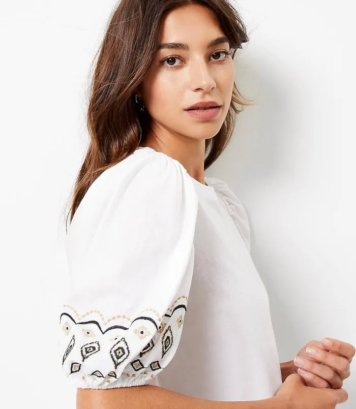 LOFT Embroidered Balloon Sleeve Top Black Women Tops