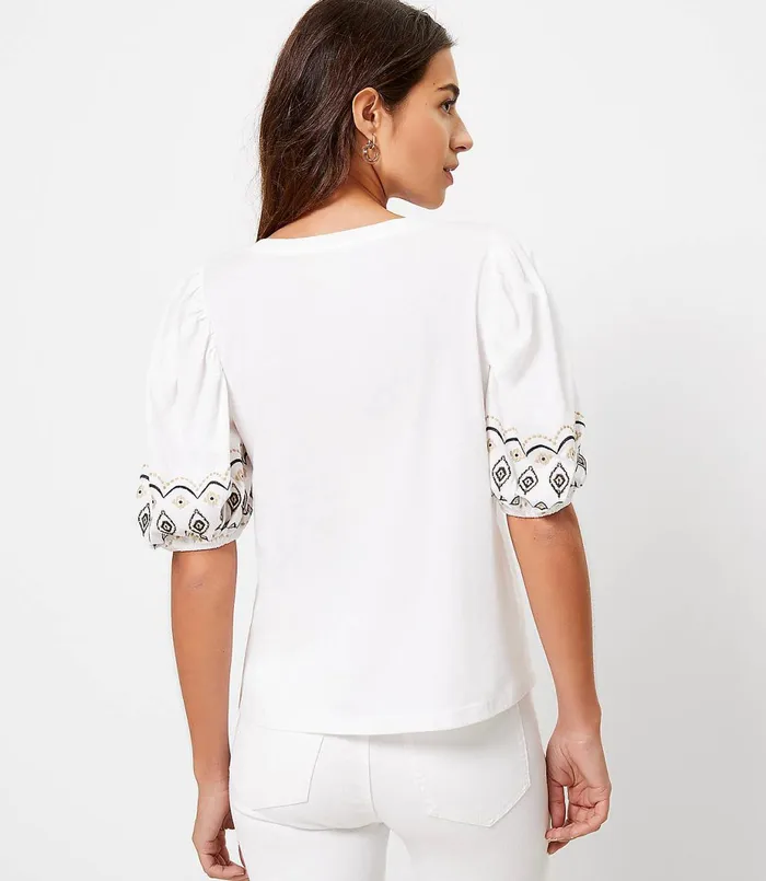 LOFT Embroidered Balloon Sleeve Top Black Women Tops