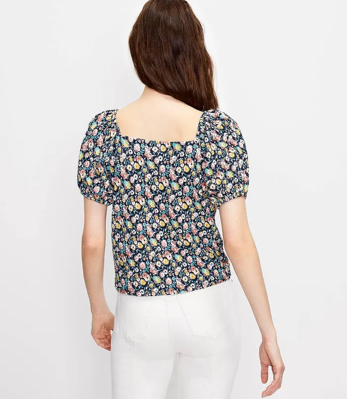 LOFT Floral Tie Front Square Neck Top Forever Navy Women Loungewear
