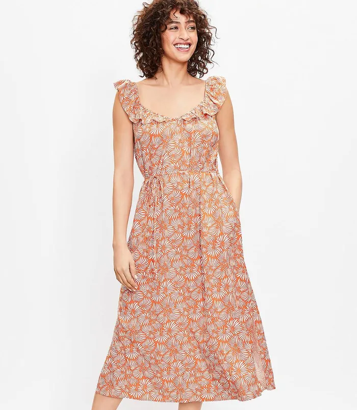 LOFT Leafed Flutter Strap Pocket Midi Dress Rich Hazelnut Women Swing Dresses LOFT Leafed Flutter Strap Pocket Midi Dress Rich Hazelnut Women Swing Dresses