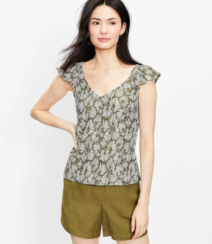 LOFT Leafed Ruffle VNeck Tank Top Wild Vine Women Petite Tees