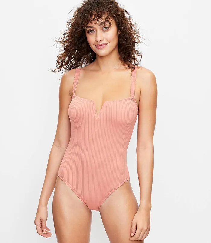 LOFT LOFT Beach Ribbed VBar One Piece Swimsuit Rose Dusk Women Swim and Beach LOFT LOFT Beach Ribbed VBar One Piece Swimsuit Rose Dusk Women Swim and Beach