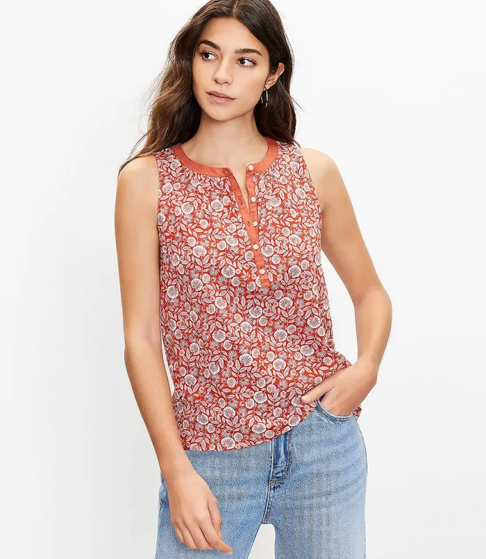 LOFT Palm Henley Tank Top Rich Chestnut Women Petite Tees
