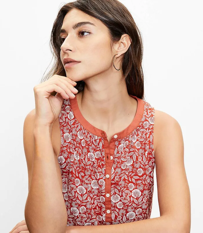 LOFT Palm Henley Tank Top Rich Chestnut Women Petite Tees