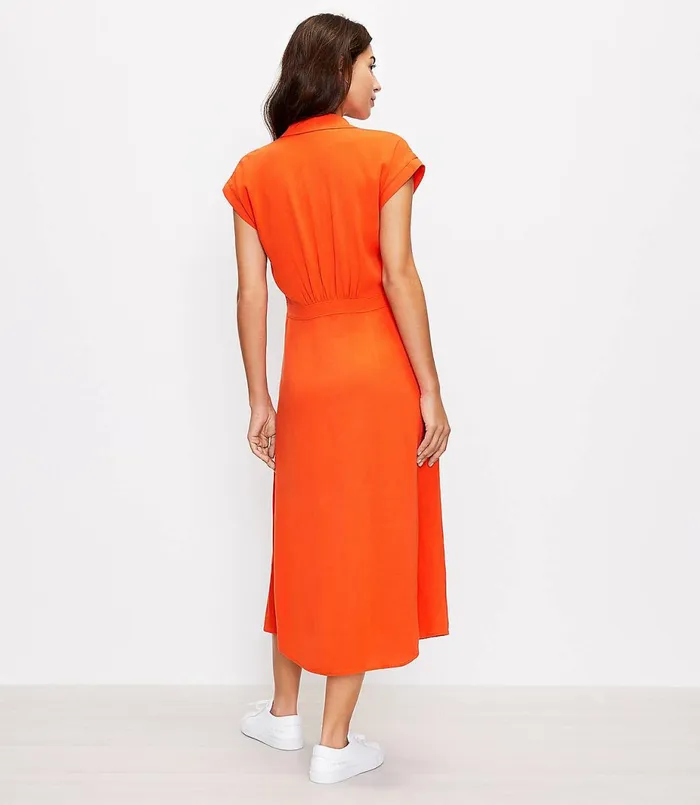 LOFT Petite Belted Pocket Midi Shirtdress Orange Spritz Women Petite Dresses