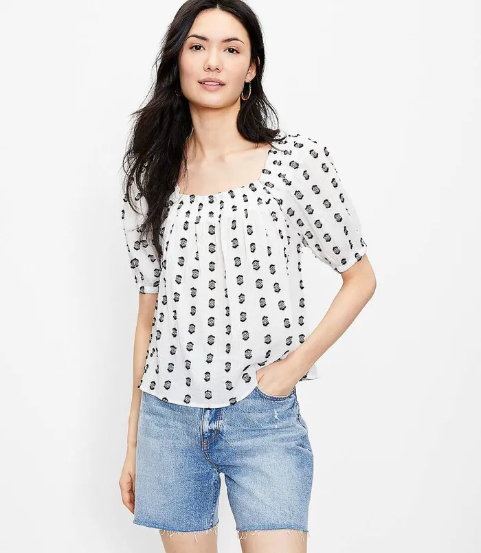 LOFT Petite Clip Smocked Square Neck Top Whisper White Women Petite Tops