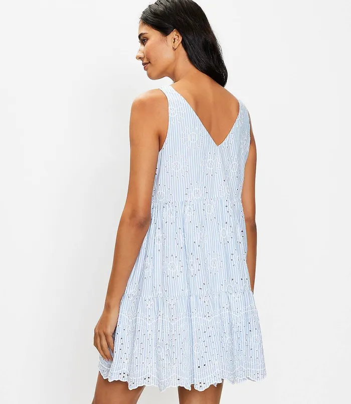 LOFT Petite Eyelet Striped Tiered Swing Dress White Women Petite Dresses