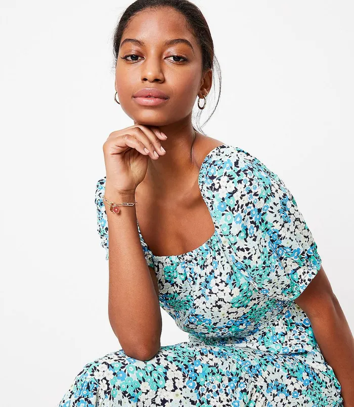LOFT Petite Floral Square Neck Midi Dress Amalfi Baywater Women Petite Dresses
