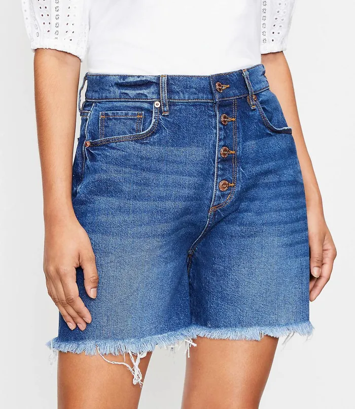 LOFT Petite Frayed Button Front High Rise Boyfriend Shorts In Vintage Dark Indigo Vintage Dark Indigo Wash Women Petite Shorts