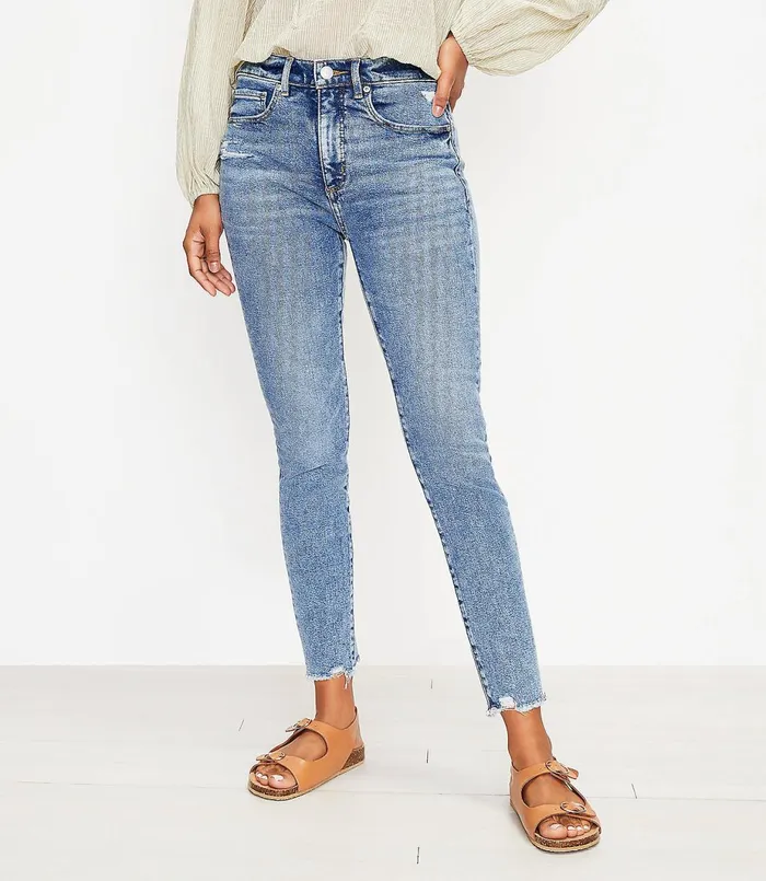 LOFT Petite Frayed High Rise Skinny Ankle Jeans In Pure Mid Indigo Wash Pure Mid Indigo Wash Women Petite Jeans