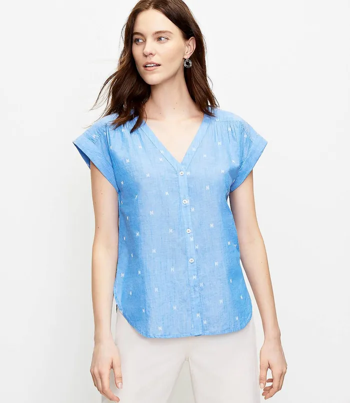 LOFT Petite Geo Embroidered VNeck Shirt Amalfi Baywater Women Petite Tops