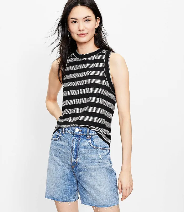 LOFT Petite Geo Striped Crew Neck Tank Top Black Women Petite Tops