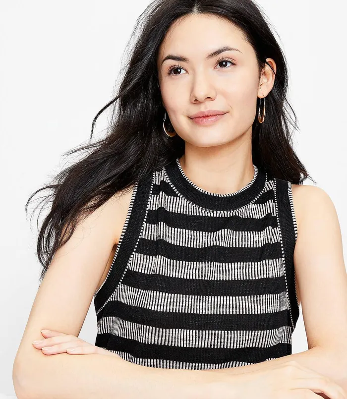 LOFT Petite Geo Striped Crew Neck Tank Top Black Women Petite Tops